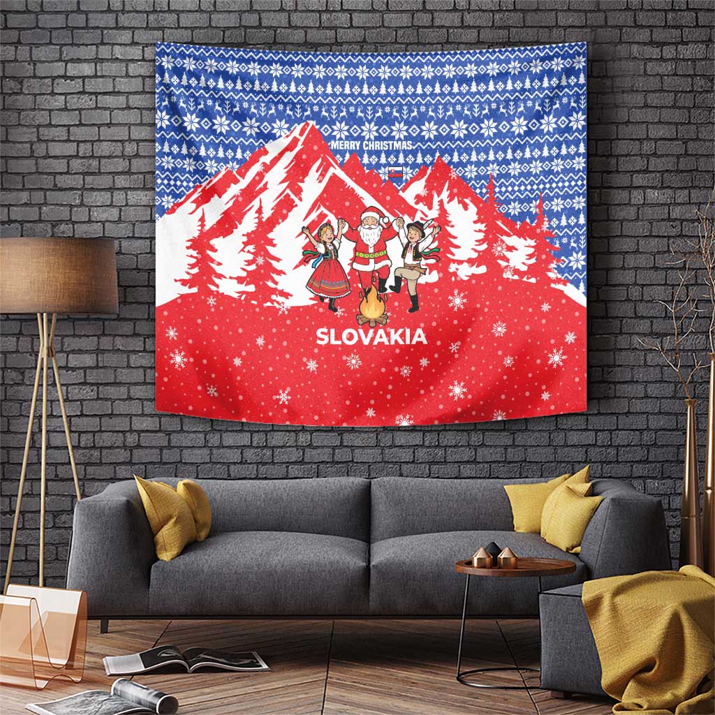 Slovakia Christmas Tapestry with Santa and Dancers by Campfire Snowy Mountains and Red Blue Snowflake Pattern Design - Wonder Print Shop