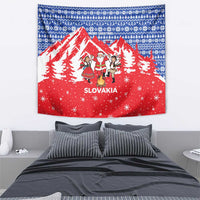 Slovakia Christmas Tapestry with Santa and Dancers by Campfire Snowy Mountains and Red Blue Snowflake Pattern Design - Wonder Print Shop
