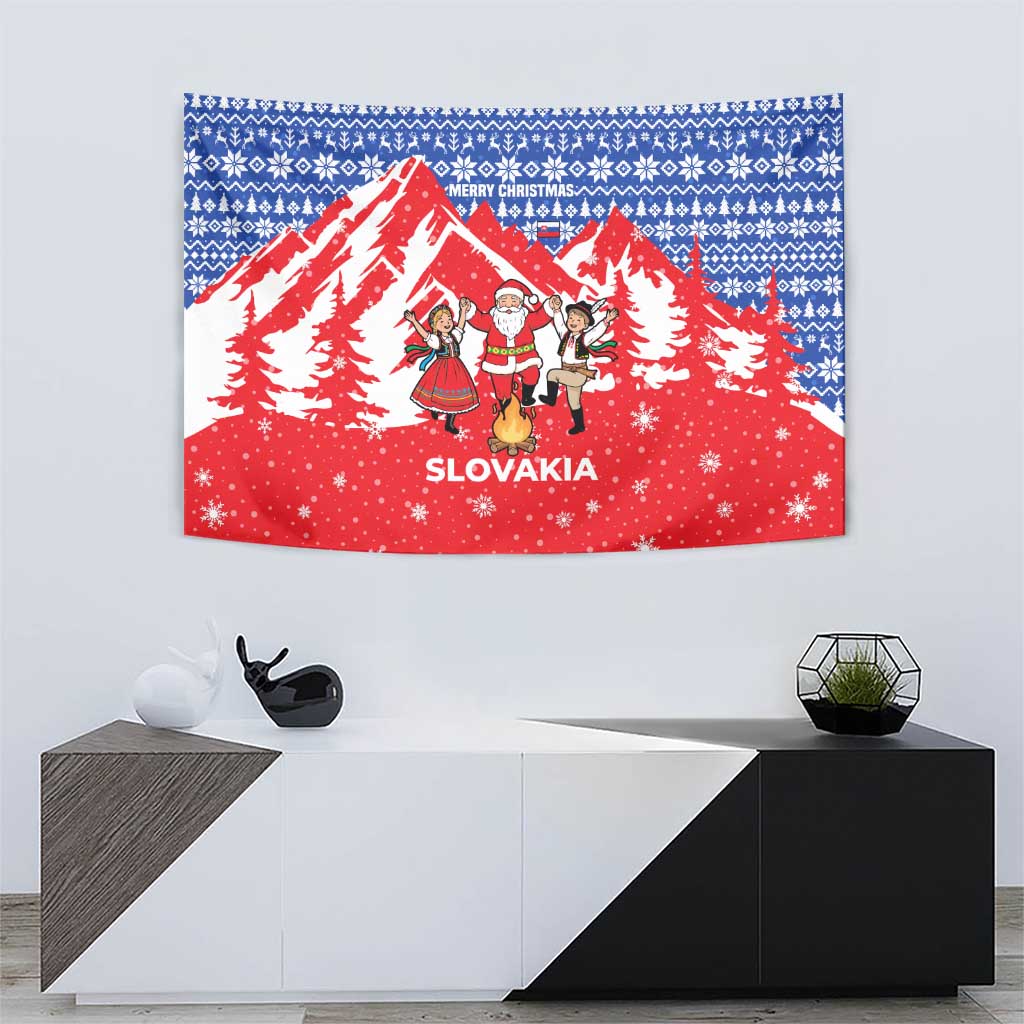 Slovakia Christmas Tapestry with Santa and Dancers by Campfire Snowy Mountains and Red Blue Snowflake Pattern Design - Wonder Print Shop