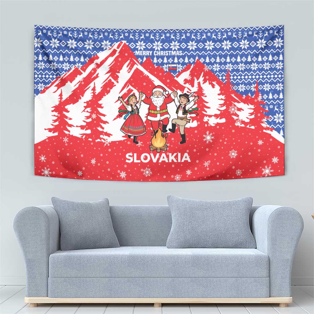 Slovakia Christmas Tapestry with Santa and Dancers by Campfire Snowy Mountains and Red Blue Snowflake Pattern Design - Wonder Print Shop