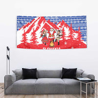 Slovakia Christmas Tapestry with Santa and Dancers by Campfire Snowy Mountains and Red Blue Snowflake Pattern Design - Wonder Print Shop
