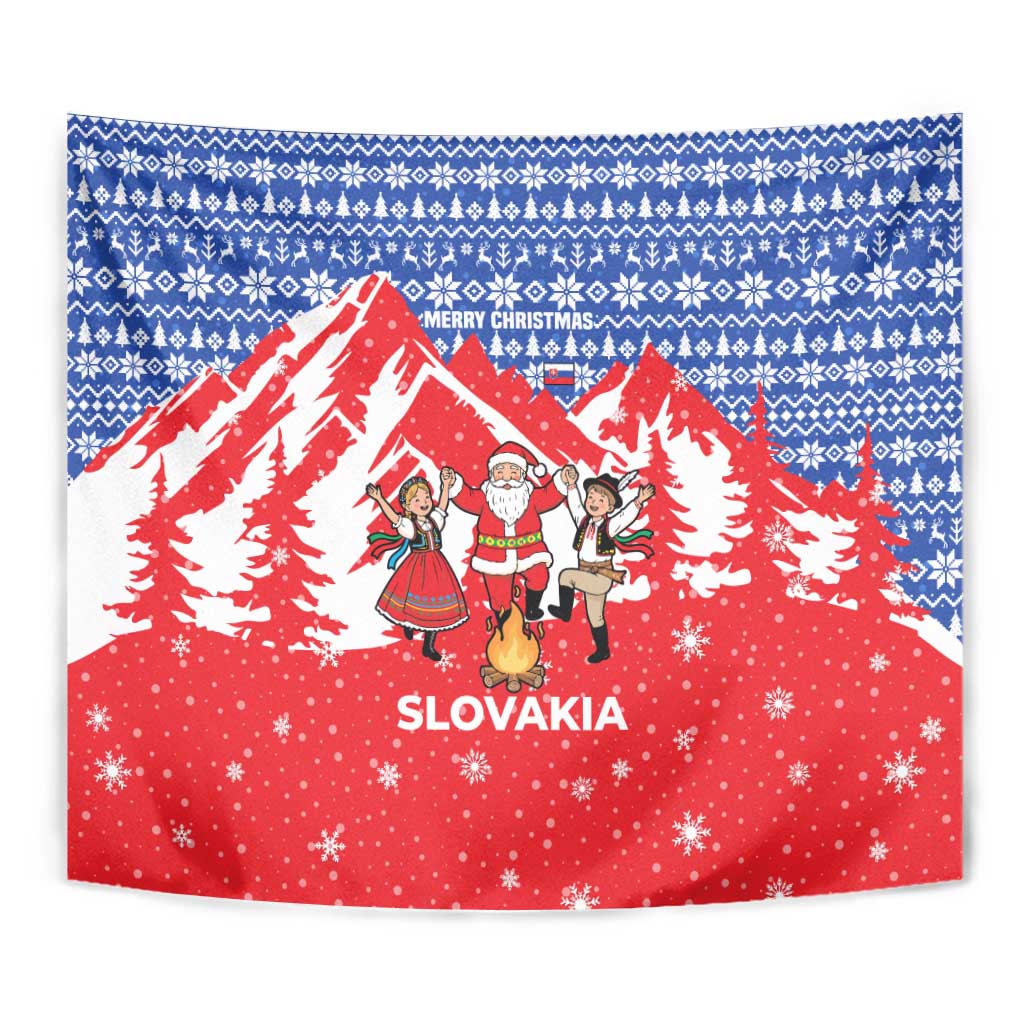 Slovakia Christmas Tapestry with Santa and Dancers by Campfire Snowy Mountains and Red Blue Snowflake Pattern Design - Wonder Print Shop