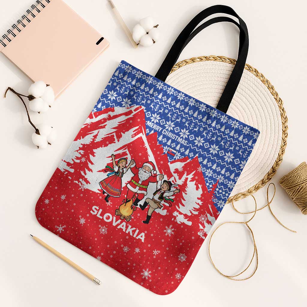 Slovakia Christmas Tote Bag with Santa and Dancers by Campfire Snowy Mountains and Red Blue Snowflake Pattern Design - Wonder Print Shop