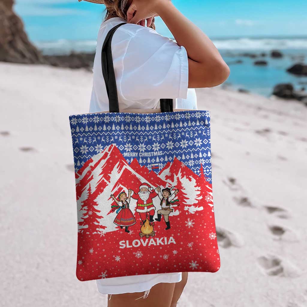 Slovakia Christmas Tote Bag with Santa and Dancers by Campfire Snowy Mountains and Red Blue Snowflake Pattern Design - Wonder Print Shop