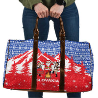 Slovakia Christmas Travel Bag with Santa and Dancers by Campfire Snowy Mountains and Red Blue Snowflake Pattern Design - Wonder Print Shop