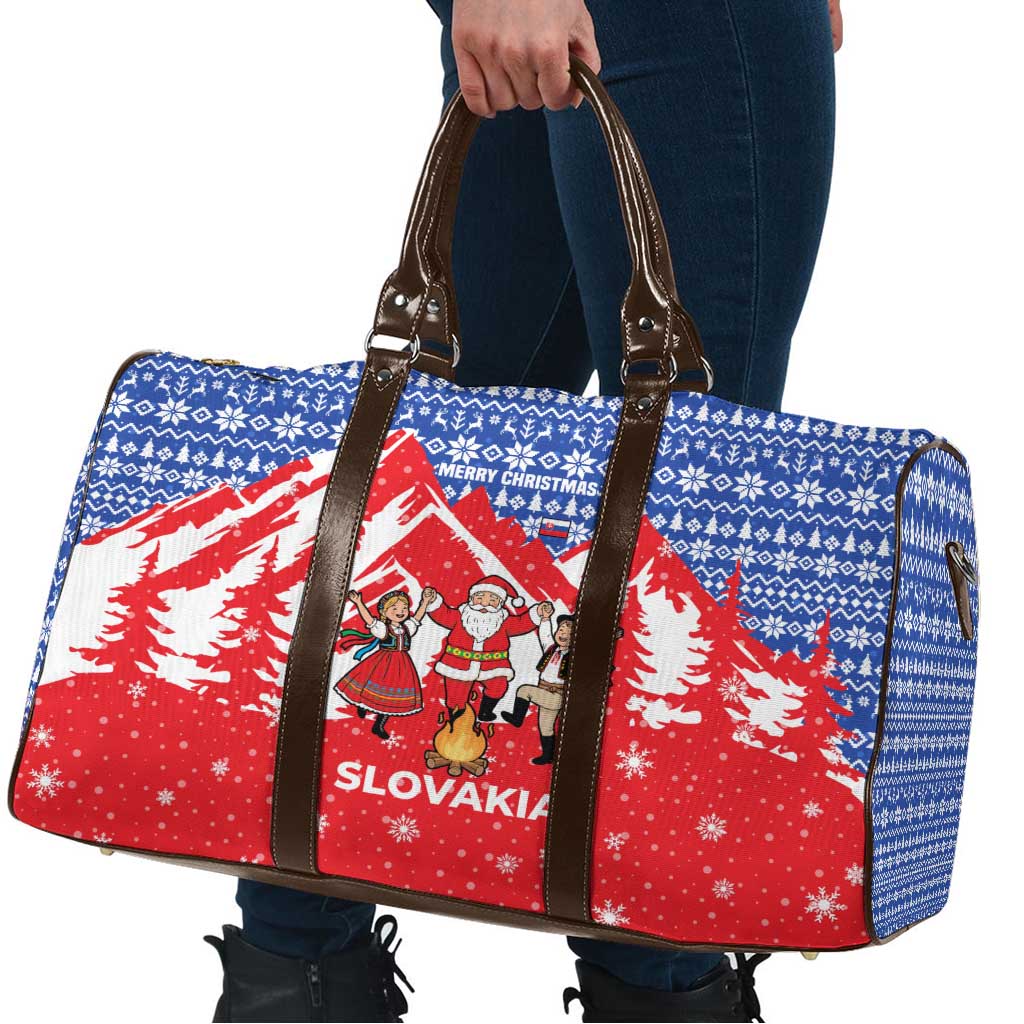Slovakia Christmas Travel Bag with Santa and Dancers by Campfire Snowy Mountains and Red Blue Snowflake Pattern Design - Wonder Print Shop