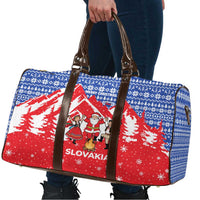 Slovakia Christmas Travel Bag with Santa and Dancers by Campfire Snowy Mountains and Red Blue Snowflake Pattern Design - Wonder Print Shop