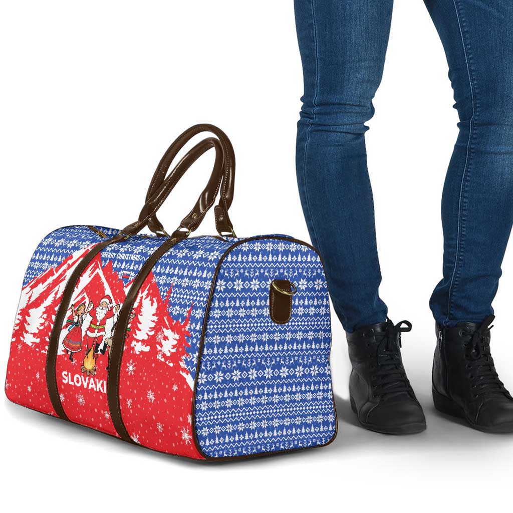 Slovakia Christmas Travel Bag with Santa and Dancers by Campfire Snowy Mountains and Red Blue Snowflake Pattern Design - Wonder Print Shop