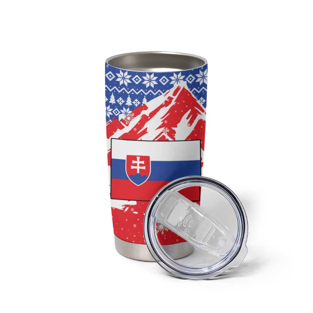 Slovakia Christmas Tumbler Cup with Santa and Dancers by Campfire Snowy Mountains and Red Blue Snowflake Pattern Design - Wonder Print Shop