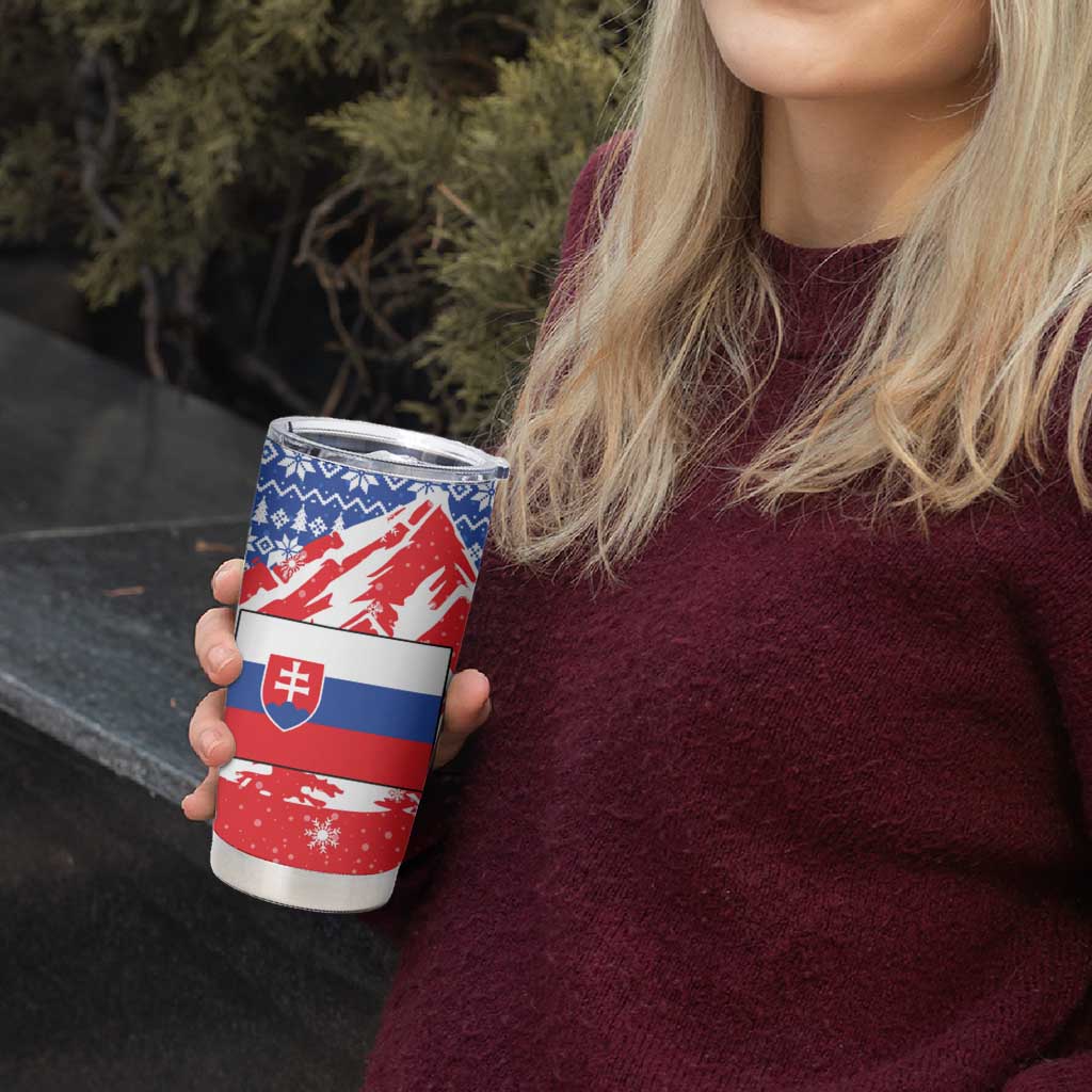 Slovakia Christmas Tumbler Cup with Santa and Dancers by Campfire Snowy Mountains and Red Blue Snowflake Pattern Design - Wonder Print Shop