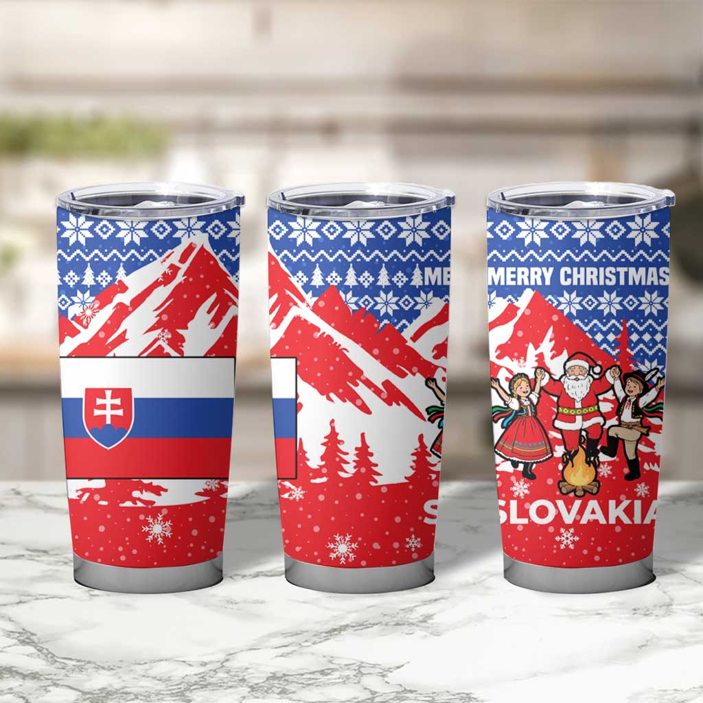 Slovakia Christmas Tumbler Cup with Santa and Dancers by Campfire Snowy Mountains and Red Blue Snowflake Pattern Design - Wonder Print Shop