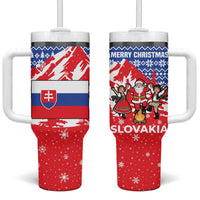 Slovakia Christmas Tumbler With Handle with Santa and Dancers by Campfire Snowy Mountains and Red Blue Snowflake Pattern Design - Wonder Print Shop