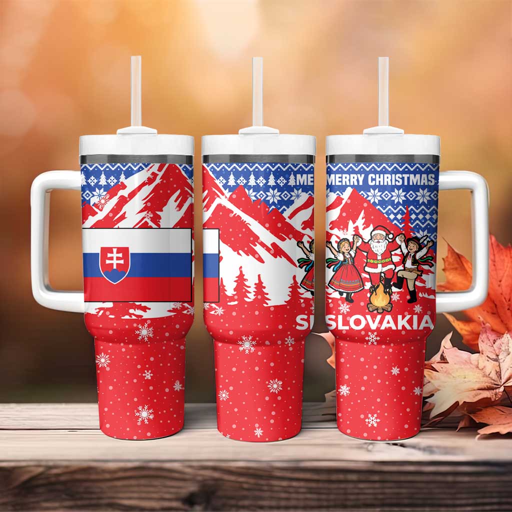 Slovakia Christmas Tumbler With Handle with Santa and Dancers by Campfire Snowy Mountains and Red Blue Snowflake Pattern Design - Wonder Print Shop
