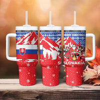 Slovakia Christmas Tumbler With Handle with Santa and Dancers by Campfire Snowy Mountains and Red Blue Snowflake Pattern Design - Wonder Print Shop