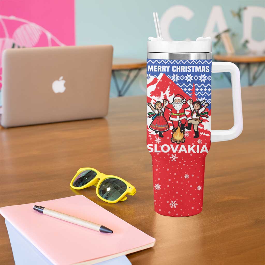 Slovakia Christmas Tumbler With Handle with Santa and Dancers by Campfire Snowy Mountains and Red Blue Snowflake Pattern Design - Wonder Print Shop