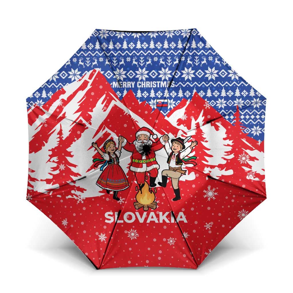 Slovakia Christmas Umbrella with Santa and Dancers by Campfire Snowy Mountains and Red Blue Snowflake Pattern Design - Wonder Print Shop