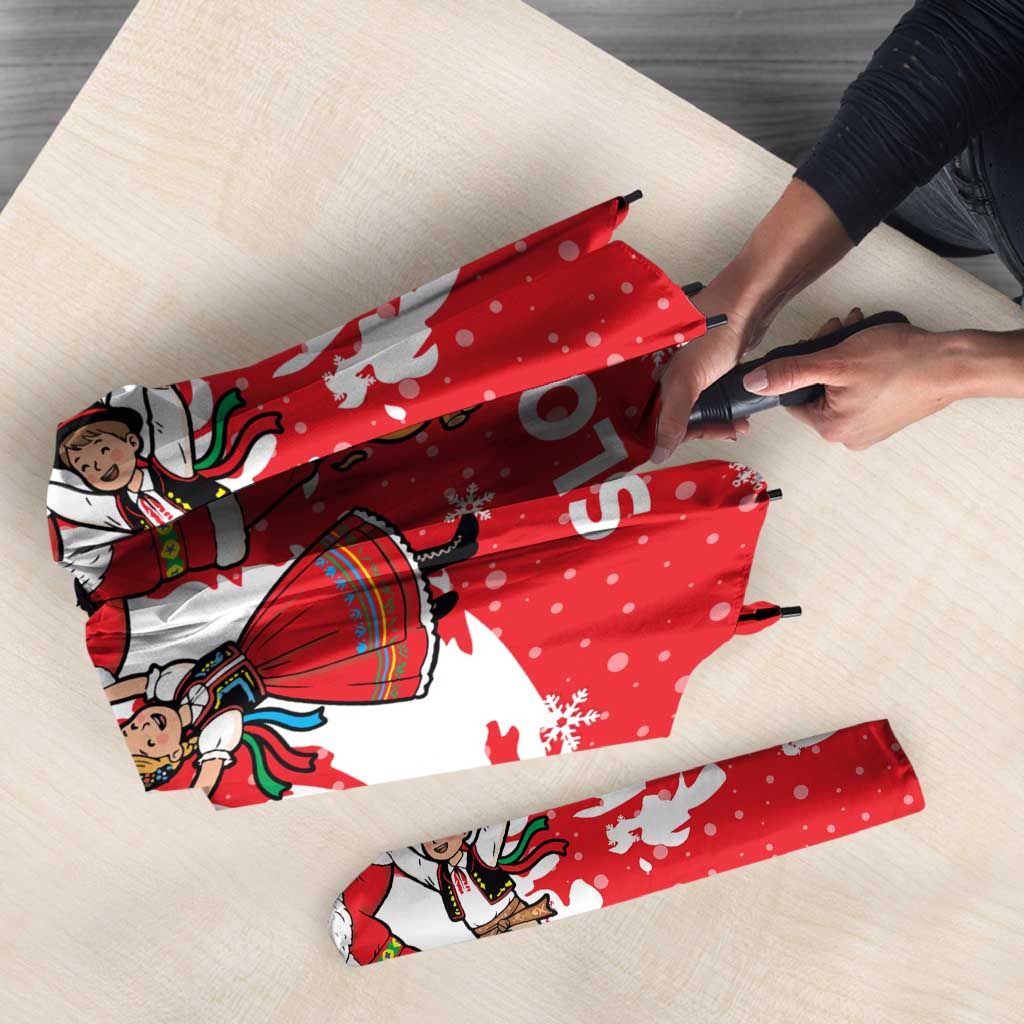 Slovakia Christmas Umbrella with Santa and Dancers by Campfire Snowy Mountains and Red Blue Snowflake Pattern Design - Wonder Print Shop