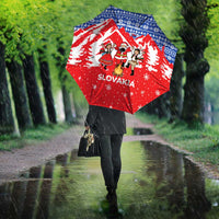 Slovakia Christmas Umbrella with Santa and Dancers by Campfire Snowy Mountains and Red Blue Snowflake Pattern Design - Wonder Print Shop