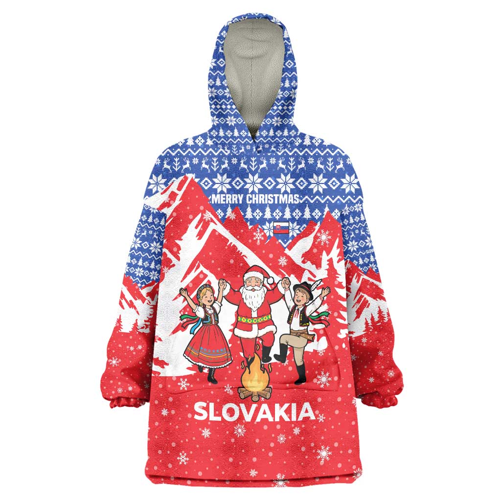 Slovakia Christmas Wearable Blanket Hoodie with Santa and Dancers by Campfire Snowy Mountains and Red Blue Snowflake Pattern Design - Wonder Print Shop