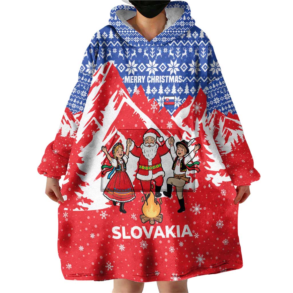 Slovakia Christmas Wearable Blanket Hoodie with Santa and Dancers by Campfire Snowy Mountains and Red Blue Snowflake Pattern Design - Wonder Print Shop