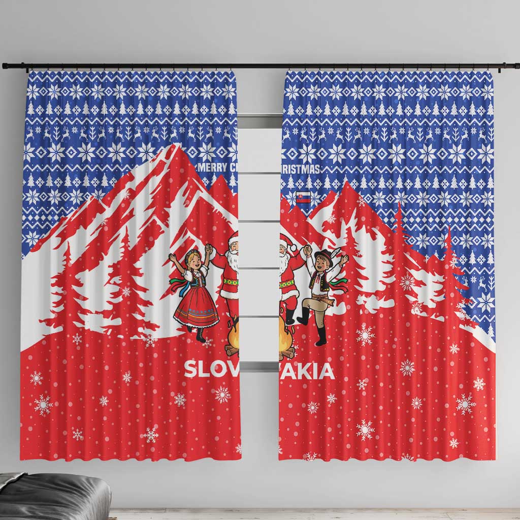 Slovakia Christmas Window Curtain with Santa and Dancers by Campfire Snowy Mountains and Red Blue Snowflake Pattern Design - Wonder Print Shop