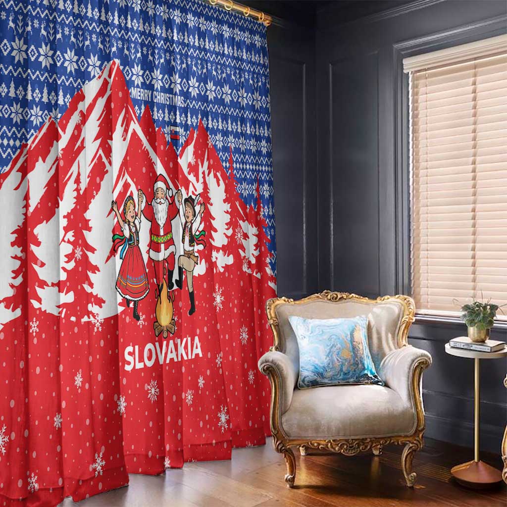 Slovakia Christmas Window Curtain with Santa and Dancers by Campfire Snowy Mountains and Red Blue Snowflake Pattern Design - Wonder Print Shop