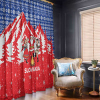 Slovakia Christmas Window Curtain with Santa and Dancers by Campfire Snowy Mountains and Red Blue Snowflake Pattern Design - Wonder Print Shop