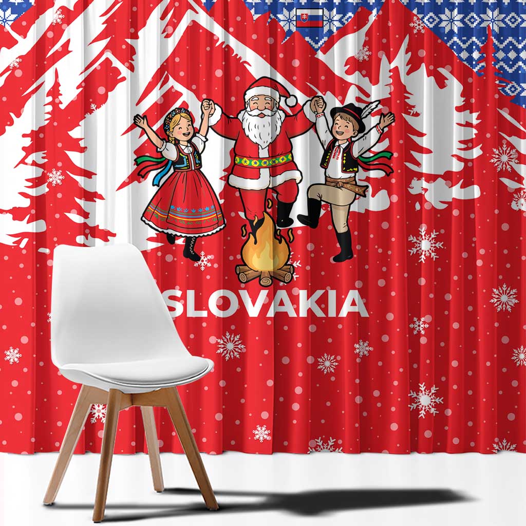 Slovakia Christmas Window Curtain with Santa and Dancers by Campfire Snowy Mountains and Red Blue Snowflake Pattern Design - Wonder Print Shop