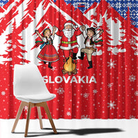 Slovakia Christmas Window Curtain with Santa and Dancers by Campfire Snowy Mountains and Red Blue Snowflake Pattern Design - Wonder Print Shop