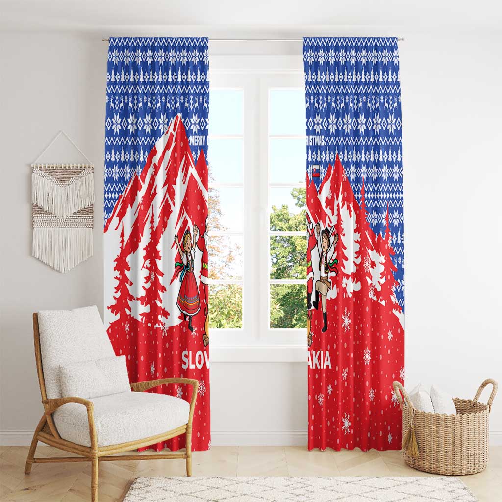 Slovakia Christmas Window Curtain with Santa and Dancers by Campfire Snowy Mountains and Red Blue Snowflake Pattern Design - Wonder Print Shop