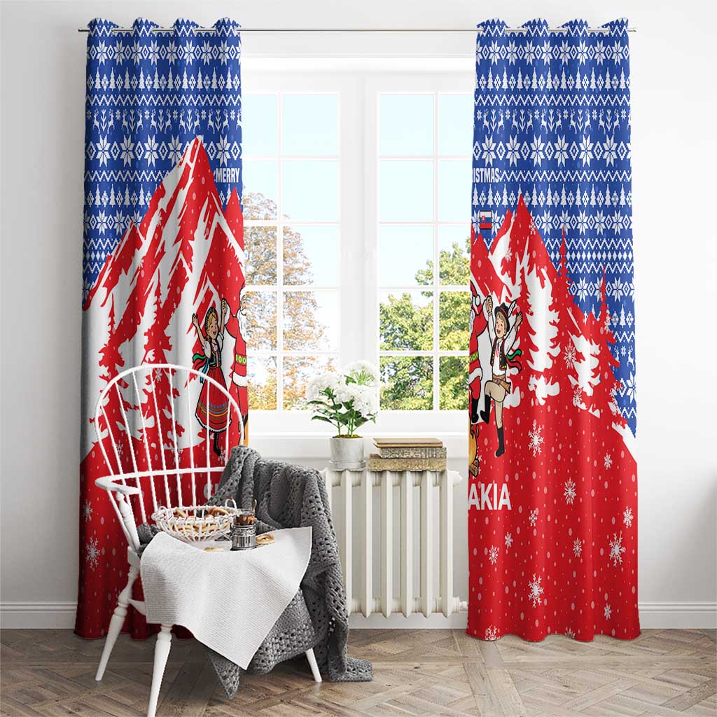 Slovakia Christmas Window Curtain with Santa and Dancers by Campfire Snowy Mountains and Red Blue Snowflake Pattern Design - Wonder Print Shop