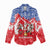Slovakia Christmas Women Casual Shirt with Santa and Dancers by Campfire Snowy Mountains and Red Blue Snowflake Pattern Design - Wonder Print Shop