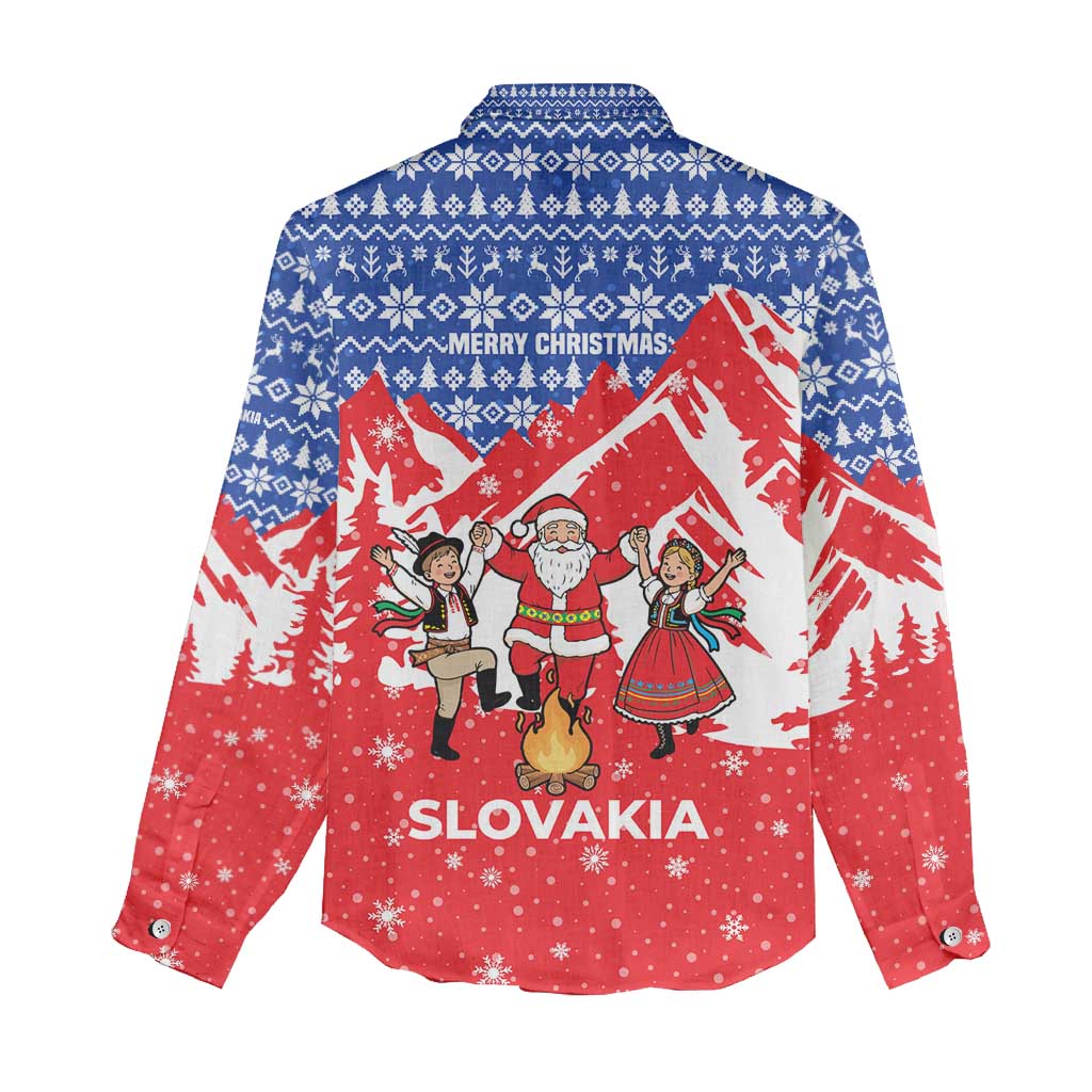 Slovakia Christmas Women Casual Shirt with Santa and Dancers by Campfire Snowy Mountains and Red Blue Snowflake Pattern Design - Wonder Print Shop