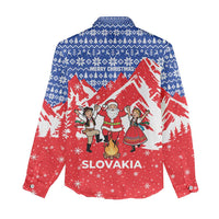 Slovakia Christmas Women Casual Shirt with Santa and Dancers by Campfire Snowy Mountains and Red Blue Snowflake Pattern Design - Wonder Print Shop
