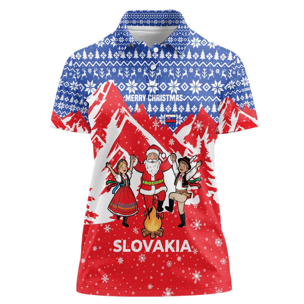 Slovakia Christmas Women Polo Shirt with Santa and Dancers by Campfire Snowy Mountains and Red Blue Snowflake Pattern Design - Wonder Print Shop