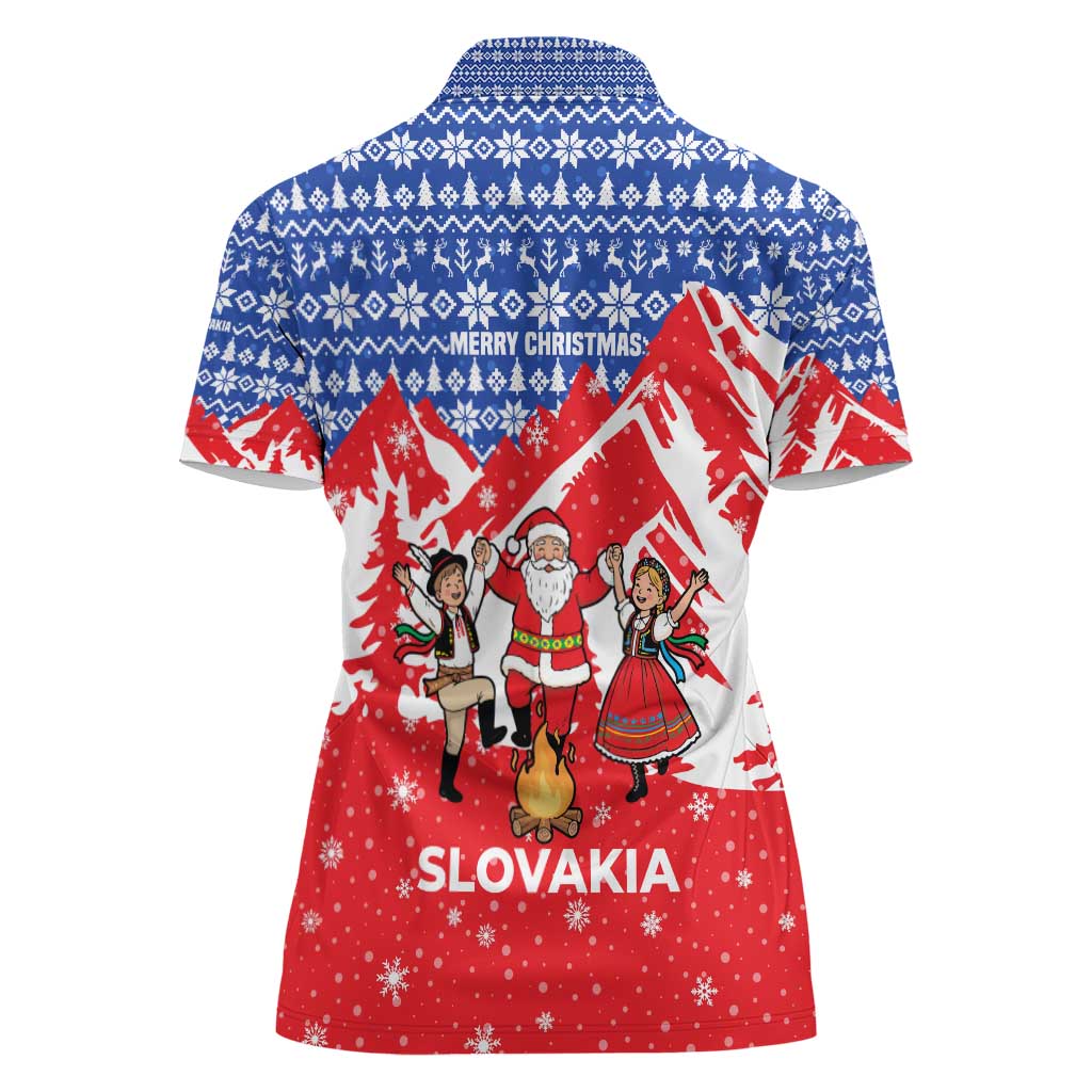 Slovakia Christmas Women Polo Shirt with Santa and Dancers by Campfire Snowy Mountains and Red Blue Snowflake Pattern Design - Wonder Print Shop