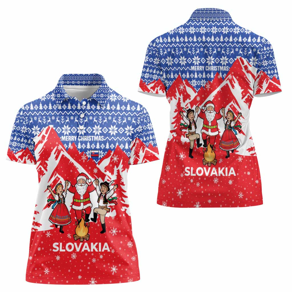 Slovakia Christmas Women Polo Shirt with Santa and Dancers by Campfire Snowy Mountains and Red Blue Snowflake Pattern Design - Wonder Print Shop