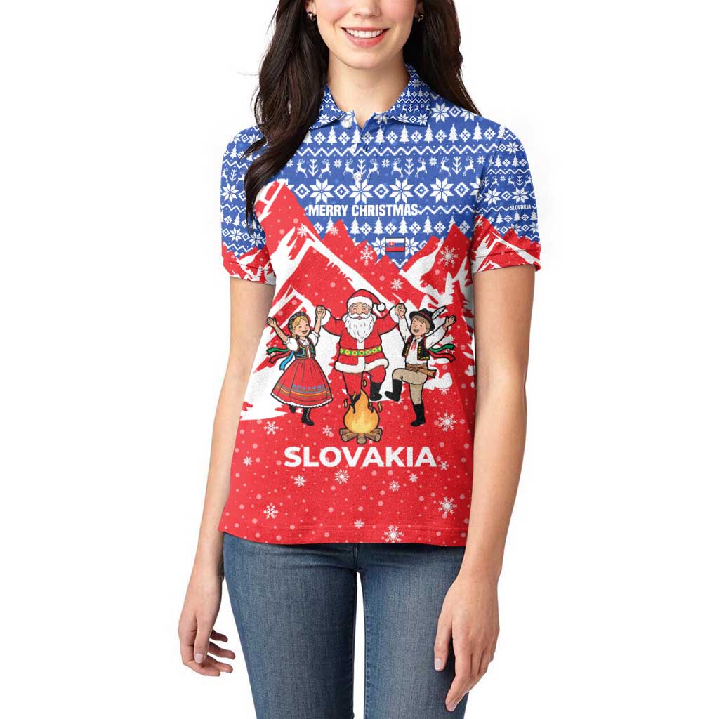 Slovakia Christmas Women Polo Shirt with Santa and Dancers by Campfire Snowy Mountains and Red Blue Snowflake Pattern Design - Wonder Print Shop
