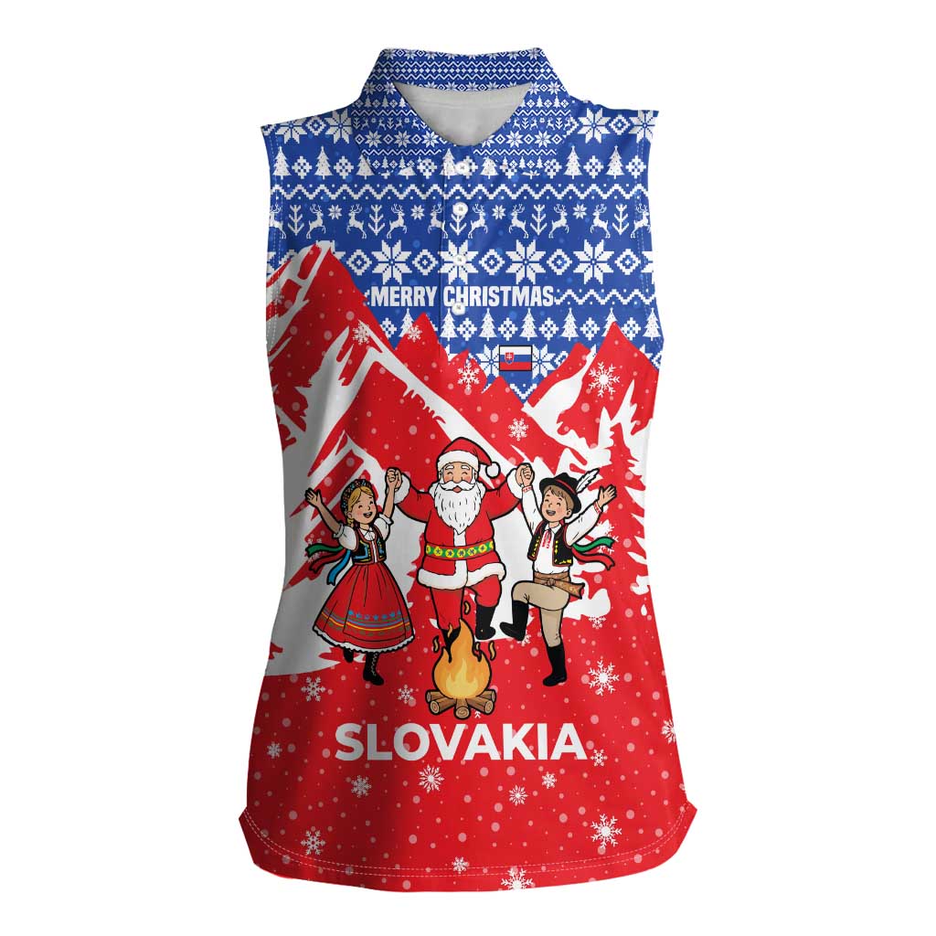 Slovakia Christmas Women Sleeveless Polo Shirt with Santa and Dancers by Campfire Snowy Mountains and Red Blue Snowflake Pattern Design - Wonder Print Shop