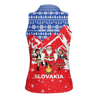 Slovakia Christmas Women Sleeveless Polo Shirt with Santa and Dancers by Campfire Snowy Mountains and Red Blue Snowflake Pattern Design - Wonder Print Shop