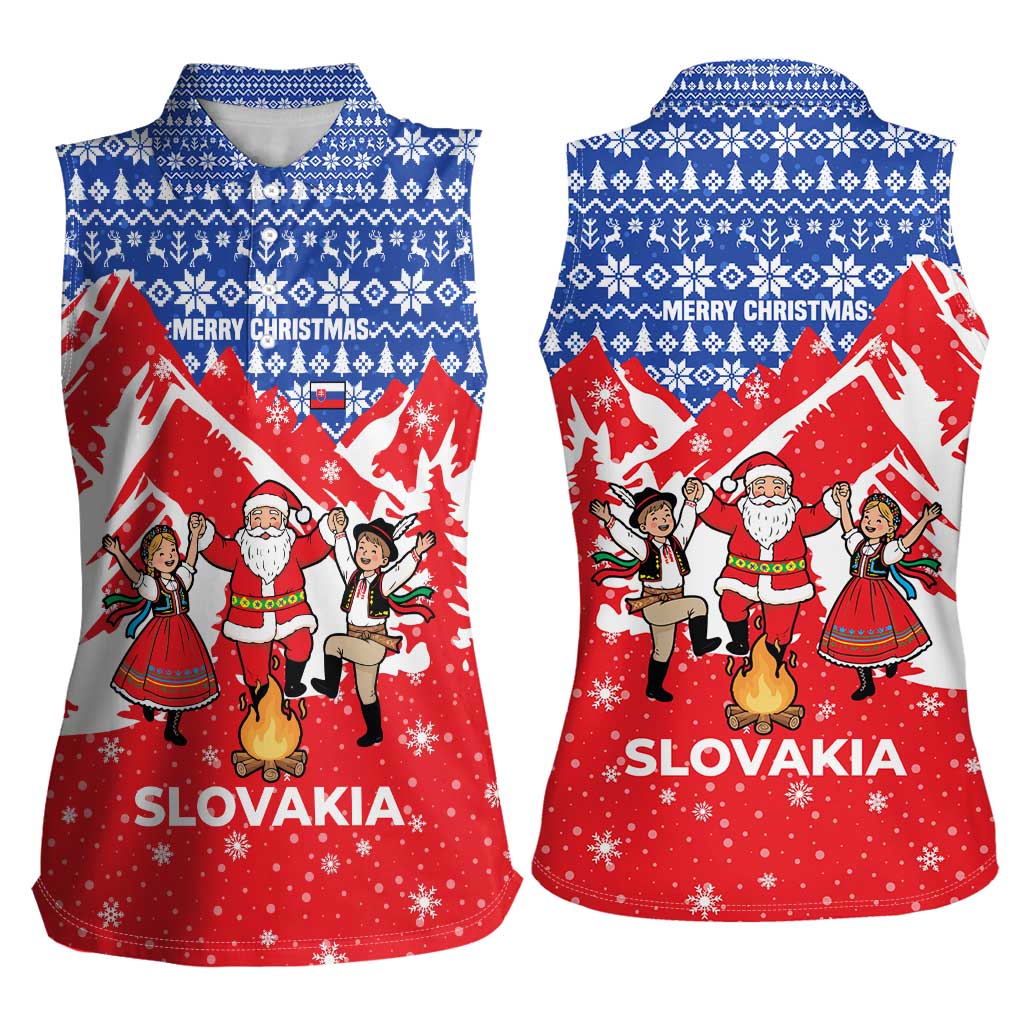 Slovakia Christmas Women Sleeveless Polo Shirt with Santa and Dancers by Campfire Snowy Mountains and Red Blue Snowflake Pattern Design - Wonder Print Shop