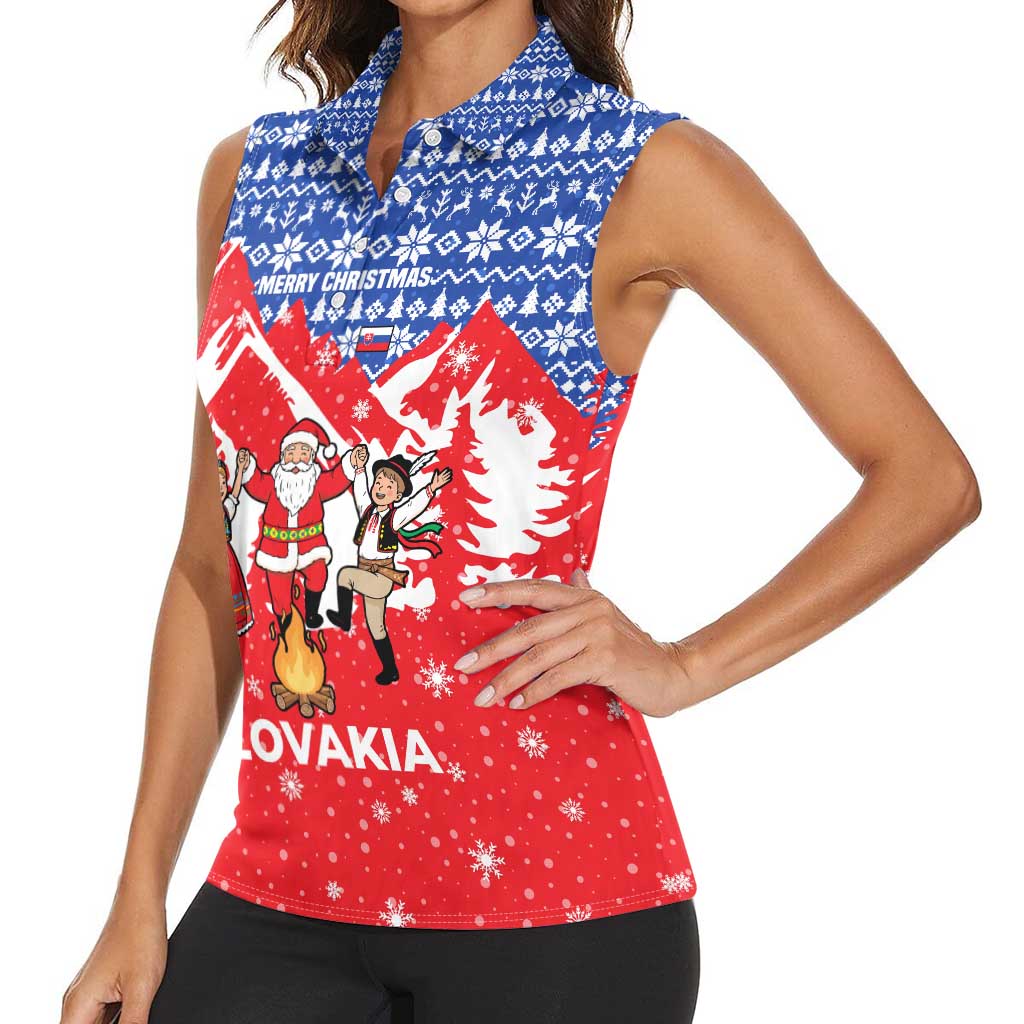 Slovakia Christmas Women Sleeveless Polo Shirt with Santa and Dancers by Campfire Snowy Mountains and Red Blue Snowflake Pattern Design - Wonder Print Shop