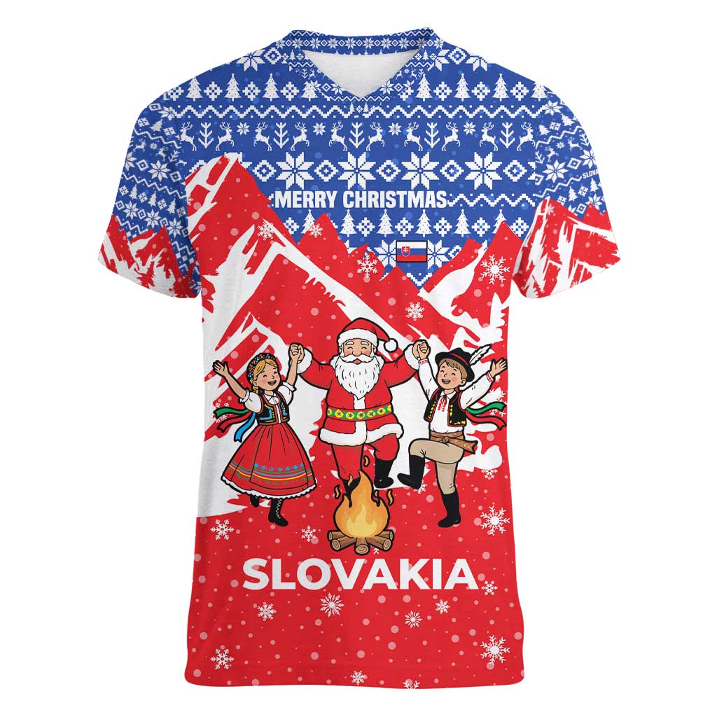 Slovakia Christmas Women V-Neck T-Shirt with Santa and Dancers by Campfire Snowy Mountains and Red Blue Snowflake Pattern Design - Wonder Print Shop