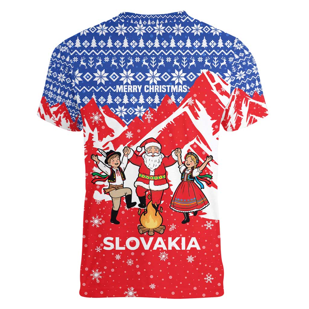 Slovakia Christmas Women V-Neck T-Shirt with Santa and Dancers by Campfire Snowy Mountains and Red Blue Snowflake Pattern Design - Wonder Print Shop