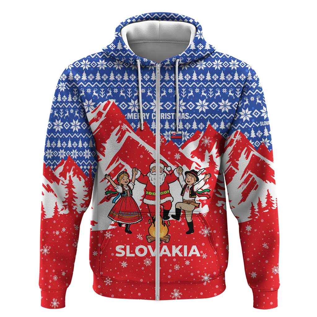 Slovakia Christmas Zip Hoodie with Santa and Dancers by Campfire Snowy Mountains and Red Blue Snowflake Pattern Design - Wonder Print Shop