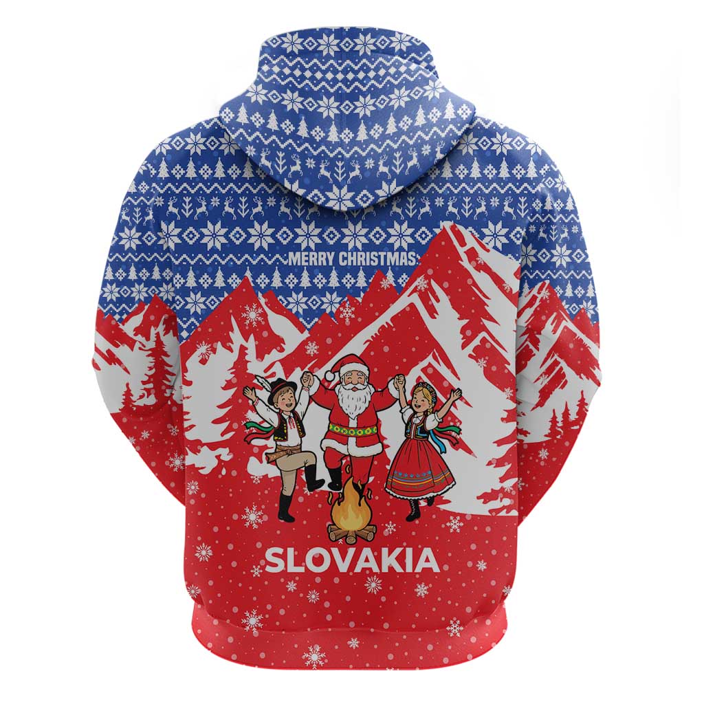 Slovakia Christmas Zip Hoodie with Santa and Dancers by Campfire Snowy Mountains and Red Blue Snowflake Pattern Design - Wonder Print Shop