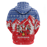 Slovakia Christmas Zip Hoodie with Santa and Dancers by Campfire Snowy Mountains and Red Blue Snowflake Pattern Design - Wonder Print Shop