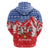 Slovakia Christmas Zip Hoodie with Santa and Dancers by Campfire Snowy Mountains and Red Blue Snowflake Pattern Design - Wonder Print Shop