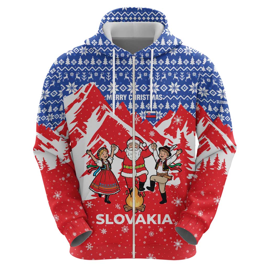 Slovakia Christmas Zip Hoodie with Santa and Dancers by Campfire Snowy Mountains and Red Blue Snowflake Pattern Design - Wonder Print Shop