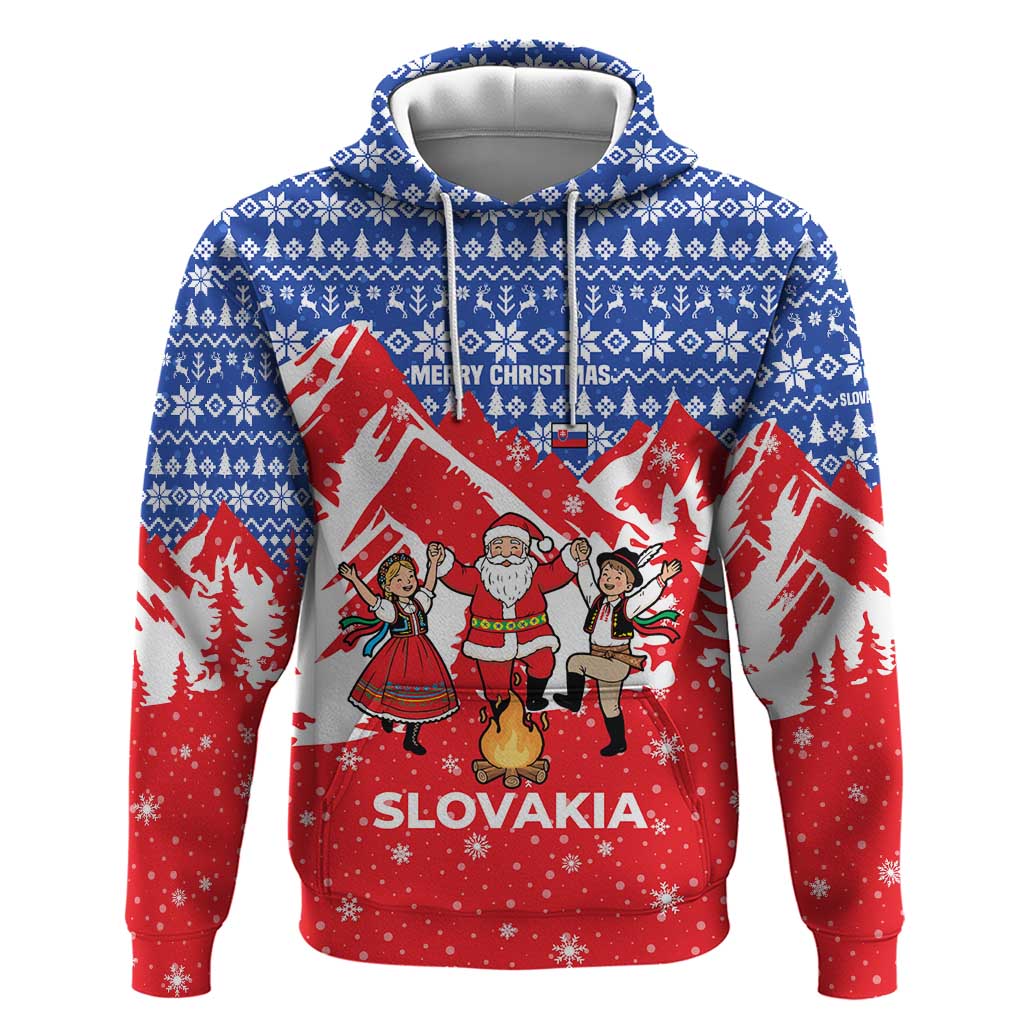 Slovakia Christmas Zip Hoodie with Santa and Dancers by Campfire Snowy Mountains and Red Blue Snowflake Pattern Design - Wonder Print Shop